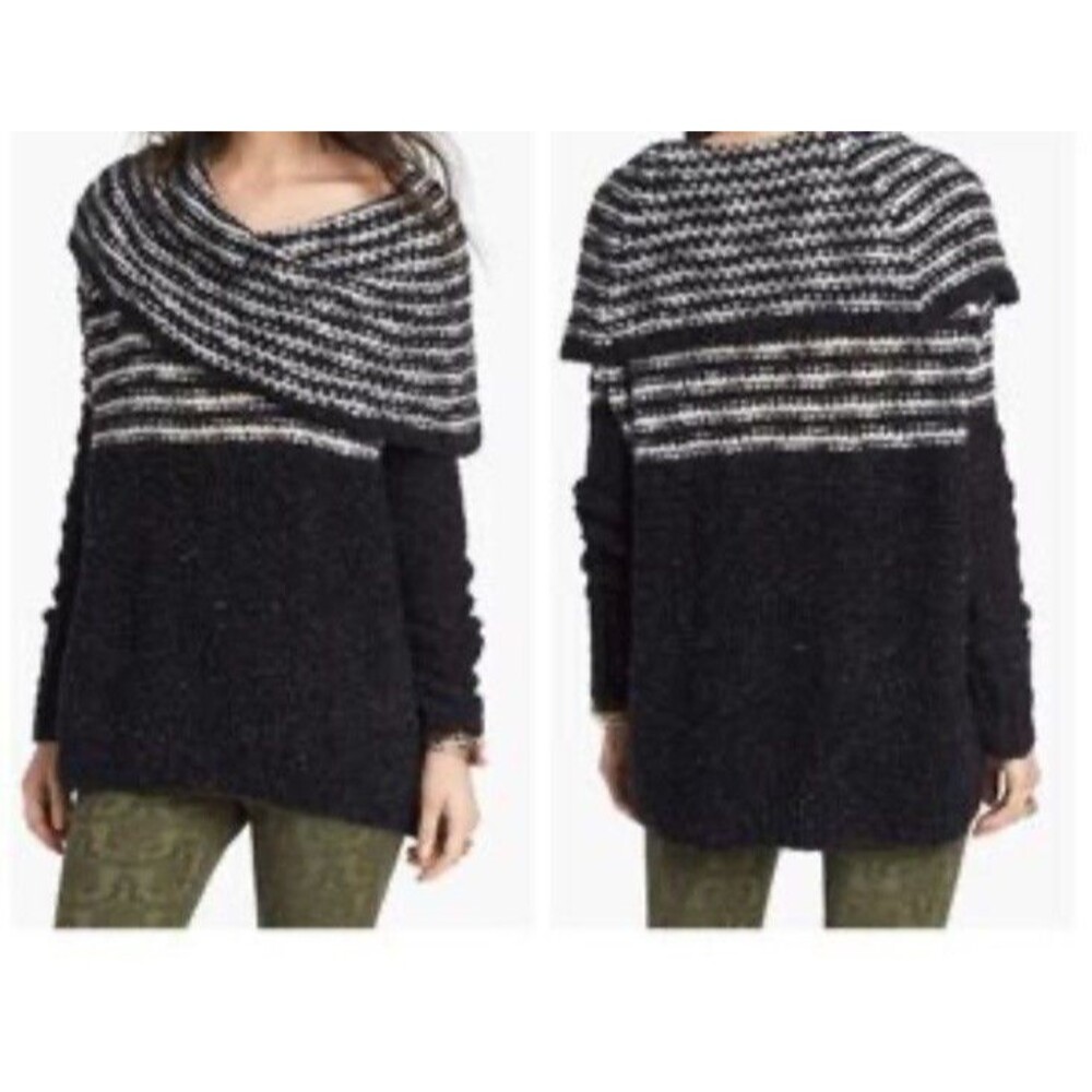 Free People Engineer Black White Striped Cowl Neck Wool Sweater Oversized S
